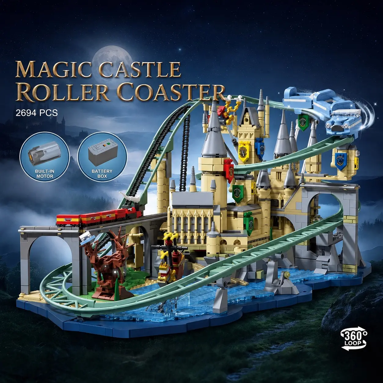 2694PCS Magic Castle Roller Coaster Building Set, Motorized Moving Train, 360-Degree Loop Track Fantasy Castle Model Kit for Adults Teens, Room Decor Birthday Gift diy brick blocks build toys him