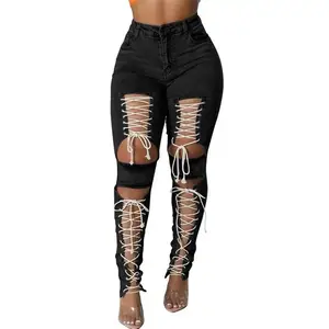 Women's Lace Womenswear   Streetwear Up Skinny Jeans Stretch Distressed Destroyed Denim Pants  Daily Date  Going Out Night Club Party Jeans Bottom Trouser Basic Minimalist Slim