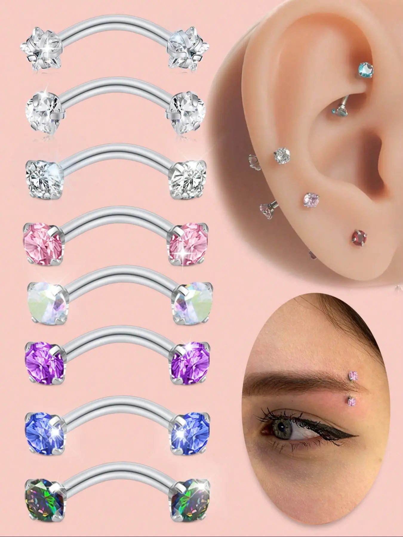 16G CZ Eyebrow Piercing Jewelry Curved Barbell Eyebrow Rings Vertical Labret Lip Jewelry Rook Daith Vertical Tragus Helix Earrings For Women Men Body Piercing Jewelry 8mm Hypoallergenic Stainless Steel Side Labret Jewelry Wearable Jewelry