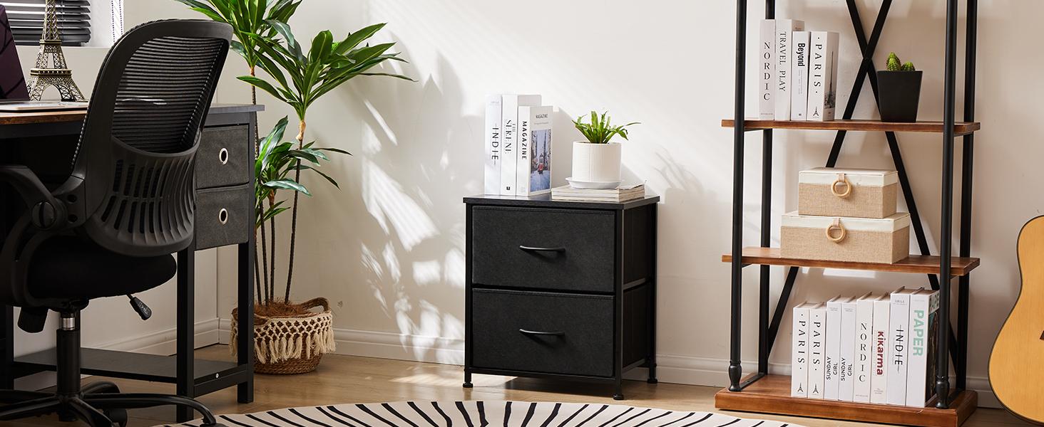 Nightstand with 2 Fabric Dresser, Side Table, End Table, Bedside Table, Night Stands, Small Nightstand,Bedroom Furniture