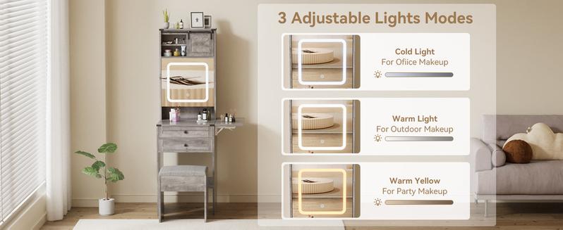 Farmhouse Small Vanity Desk Set with Mirror Cabinet Compact Makeup Vanity Set with 3 Adjustable Lights and Storage Chair for Compact Space,  Dressing Table with Fold-up Panel IF049
