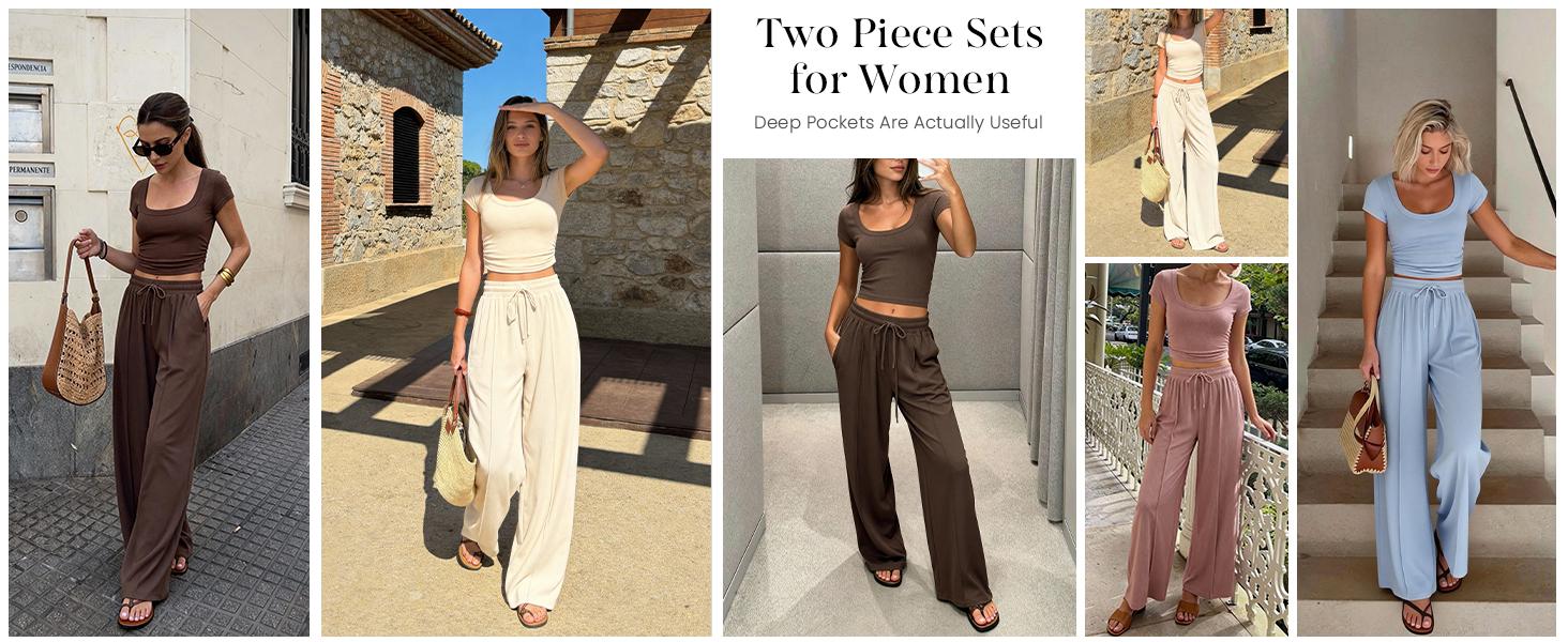 PrettyGarden Women's  Scoop Neck 2 Piece Matching Lounge Sets Ribbed Short Sleeve Crop Tops Wide Leg Pants Summer Airport Outfits