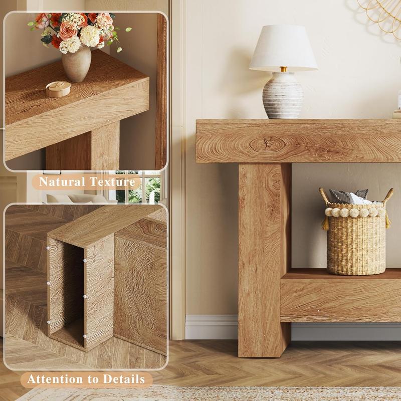 63 Inches Long Console Table, Sofa Table with Storage Behind Couch, Entryway Table with Open Storage, Farmhouse Console Tables for Entryway, Living Room, Hallway, Oak Color