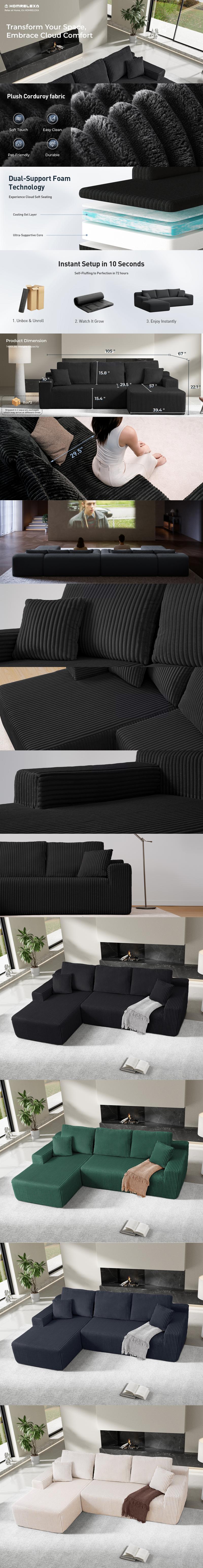 【2 Packages shipping】105" Cloud Sectional Couch L-Shaped Modular Sectional Sofa with Deep Seat Boneless Couches, Tool-Free Assembly, Vacuum-Sealed Compression Couch for Living Room or Bedroom, Popular Boneless Sectional Sofa for Multiple People 【2 Packages shipping】105" Cloud Sectional Couch L-Shaped Modular Sectional Sofa with Deep Seat Boneless Couches, Tool-Free Assembly, Vacuum-Sealed Compression Couch for Living Room or Bedroom, Popular Boneless Sectional Sofa for Multiple People