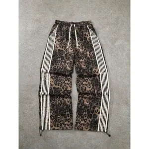 Neutral leopard print drawstring pants, loose street style pants, comfortable high waisted casual fashion