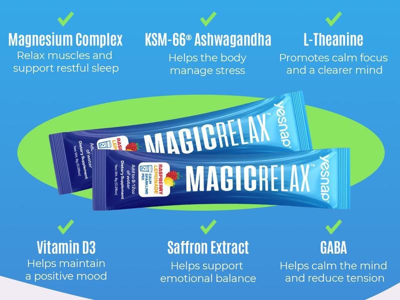 Yesnap MAGICRELAX Calming Sparking Mix with 8-in-1 Magnesium, KSM-66 Ashwagandha, Saffron, Vitamin D3, GABA & L-Theanine Supports Cortisol Balance Mood Sleep 30 Servings, No Sugar, Non GMO, Raspberry Lemonade Flavor