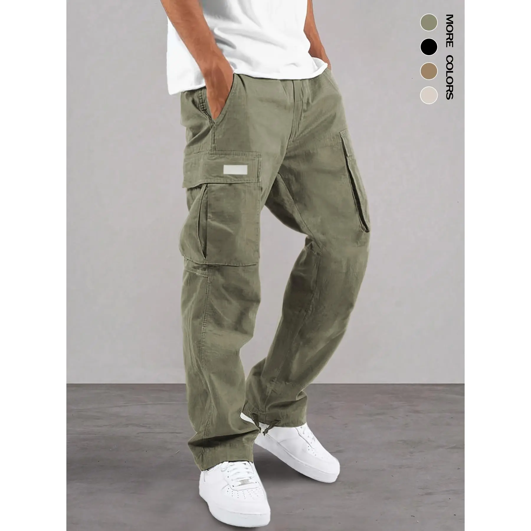 Men's Khaki Plain Street Style Regular-Leg Cargo Trousers - Solid Color, Multi-Utility Pocket, Non-Stretch Woven Polyester Fabric, Regular Fit, All-Season Casual, Machine Washable, Dry Cleanable Menswear Pants