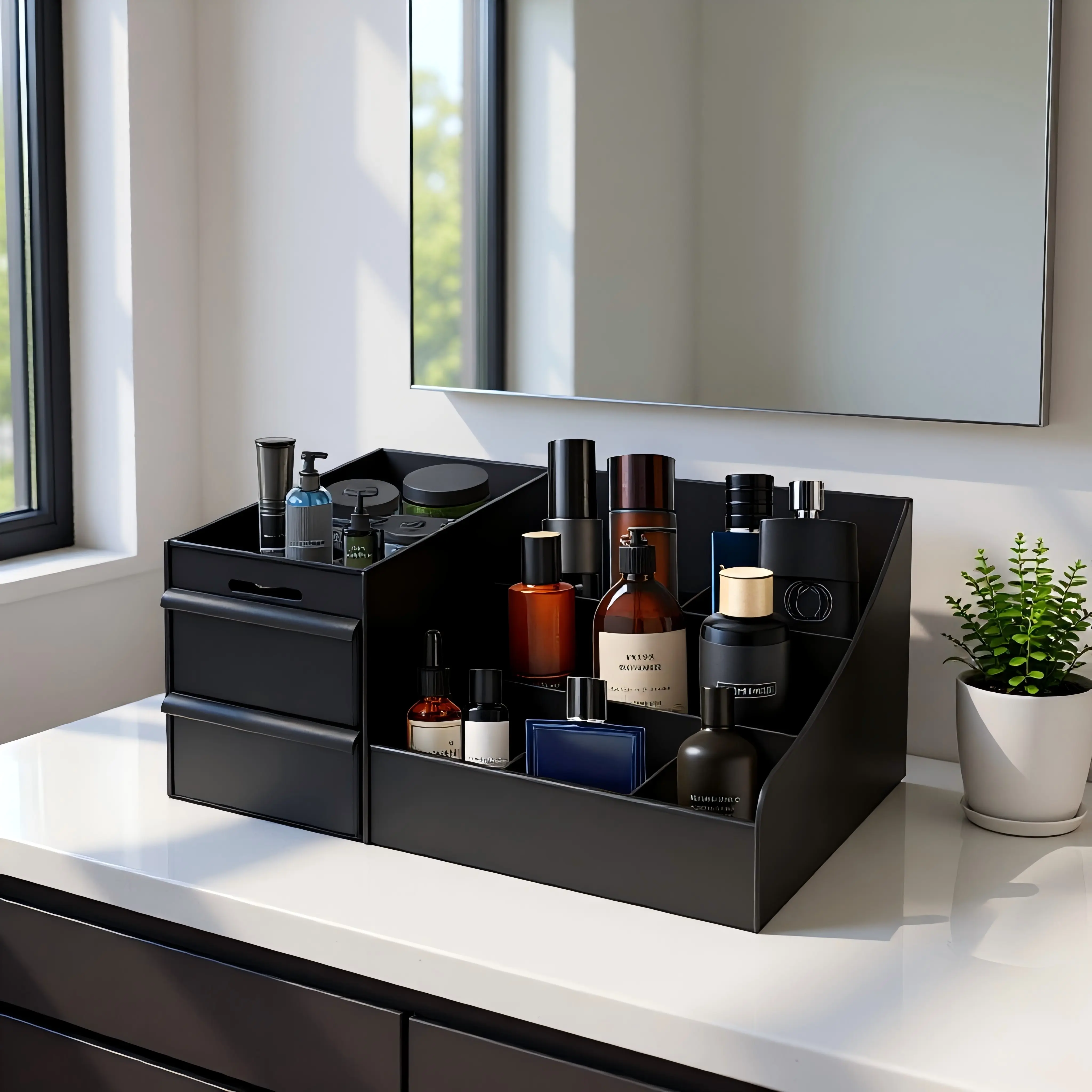 Black Desktop Storage Box - 7 Compartments, 2 Extra-Deep Drawers, Waterproof Room Storage, Home Organizer for Kitchen, Father's Day Gift for Boyfriend (Offices, Bedrooms Use for Perfumes, Shaving Tools, Skincare Products), Storage Organization, Desk Acces
