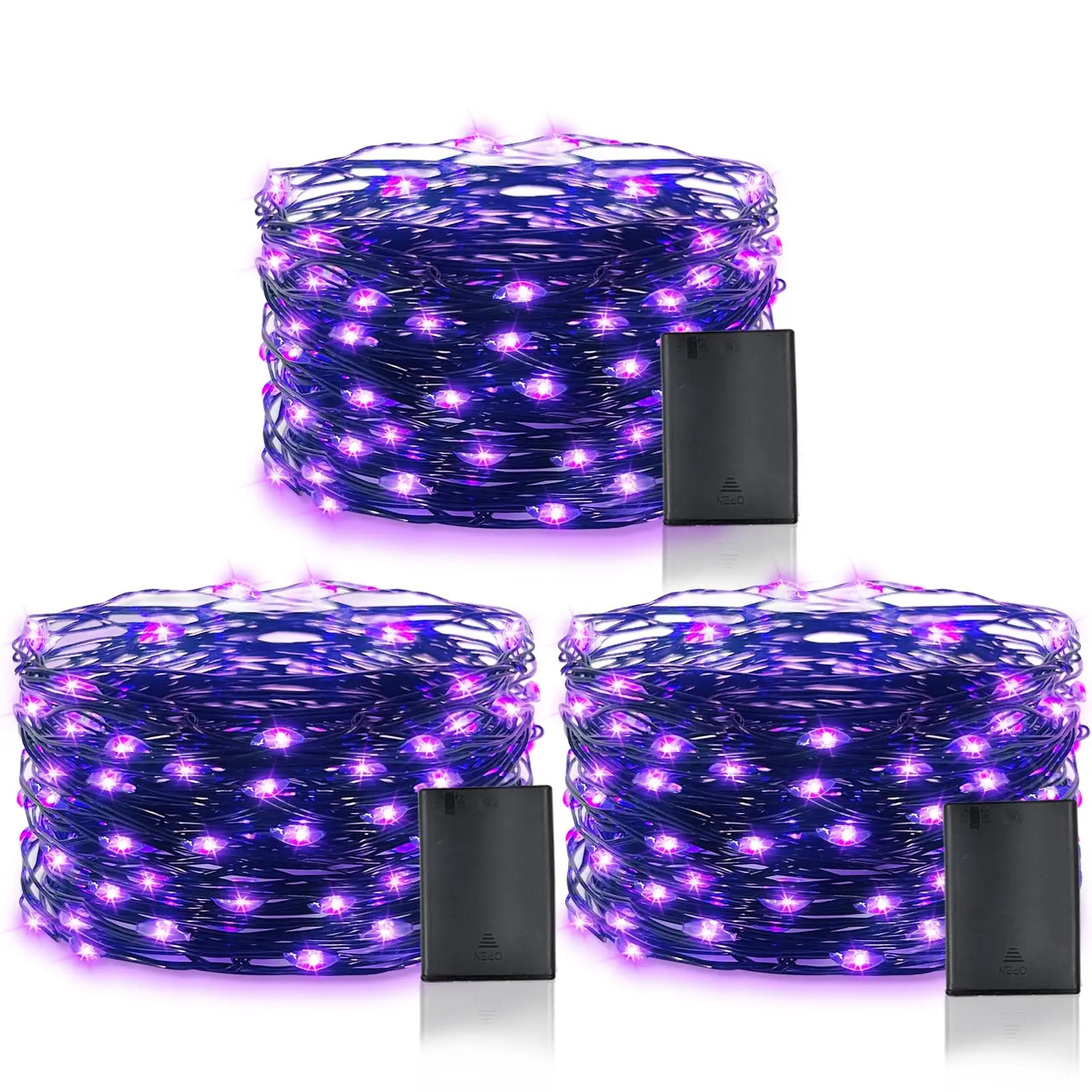 TURNMEON 3 Pack Purple Halloween String Lights, 30Ft 90LED Battery Operated Fairy Lights with Timer Waterproof for Halloween Decorations Home Yard Party