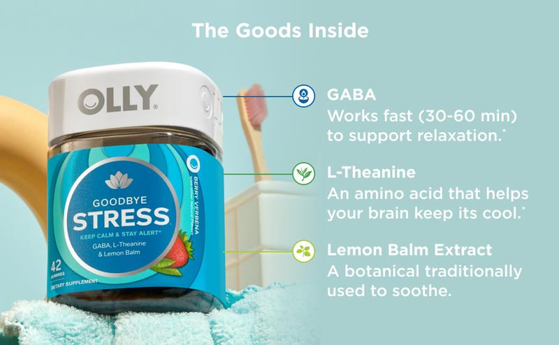 OLLY Goodbye Stress Gummy, GABA, L-Theanine, Lemon Balm, Stress Relief Dietary Supplement, Berry Flavor, 42ct