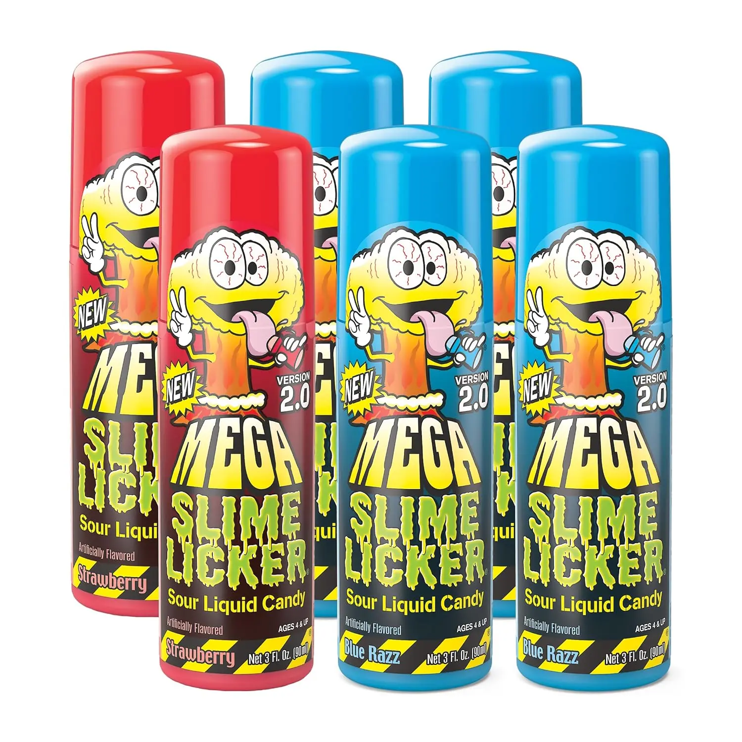 Mega Slime Licker - 2 oz. Bottle - 6 Pack - Strawberry & Blue Razz Flavors - Tangy Treat for Party Favors & Snacking - Sweet