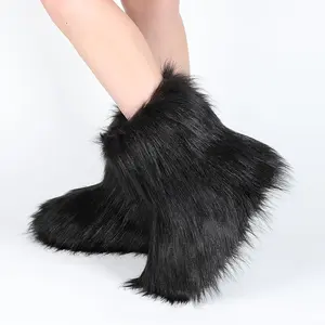 OOW Women's Fluffy Faux Fur Boots Y2K Fashion Design Non-Slip Warm Round Toe Suede Mid-Calf Boots for Outdoor Indoor Walking Shoes Brown Black Pink White