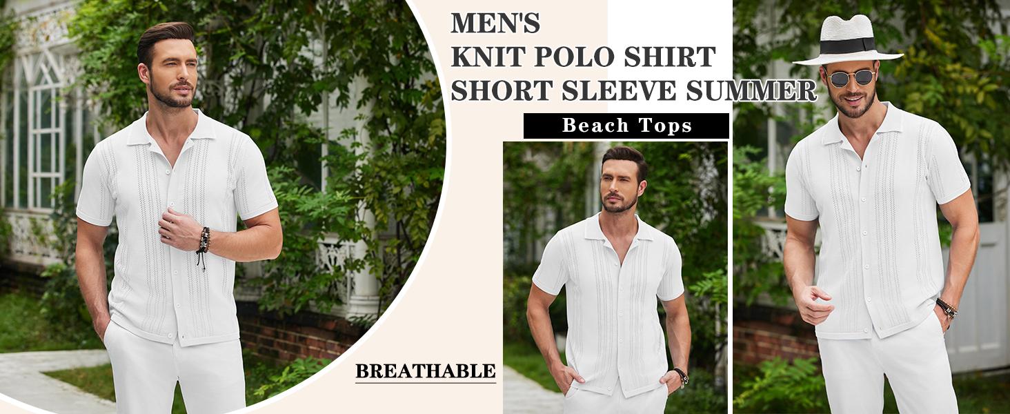 COOFANDY Men's Knit Button Down Shirt Vintage Short Sleeve Polo Shirts Casual Beach Tops Menswear