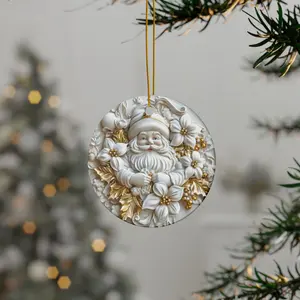 Ceramic Christmas Circle Ornaments 3D Effect Gold White Round Personalized Holiday Santa Snowman Tree Angel Reindeer Village