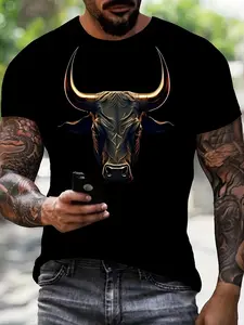 Men'S 3D Print Bull Head Graphic T-Shirt, Round Neck, Short Sleeves, Loose Casual Streetwear, Perfect for Summer. - Cotton Men'S Short Sleeve T-Shirt 180g
