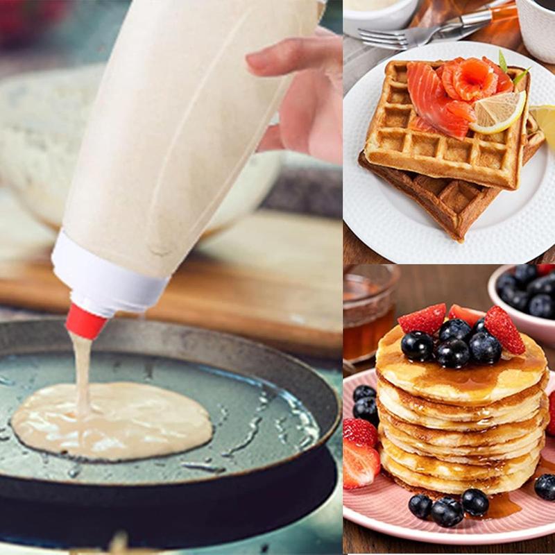 Pancake Batter Dispenser 2-in-1 Mixer Bottle with Stainless Steel Whisk Ball Easy-Pour Silicone Spout Reusable Kitchen Utensils for Pancakes Waffles Crepes and More - Smooth