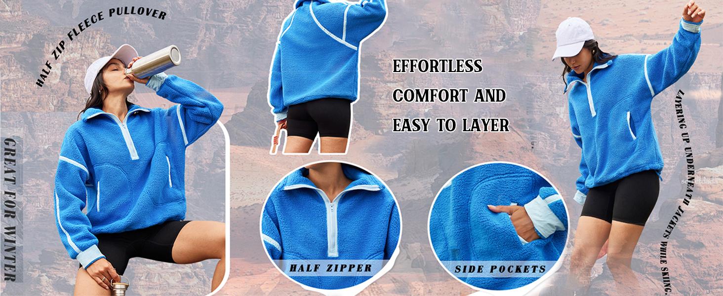 Yeokou Womens Half Zip Sherpa Fleece Pullover Soft Oversized Sweatshirt with Pockets Warm Fuzzy Sweater