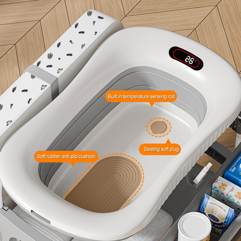 2-in-1 Baby Changing Table & Bath Tub Foldable with Storage Wheels Smart Temp Display Safety Belt Multifunctional Newborn Changing Table