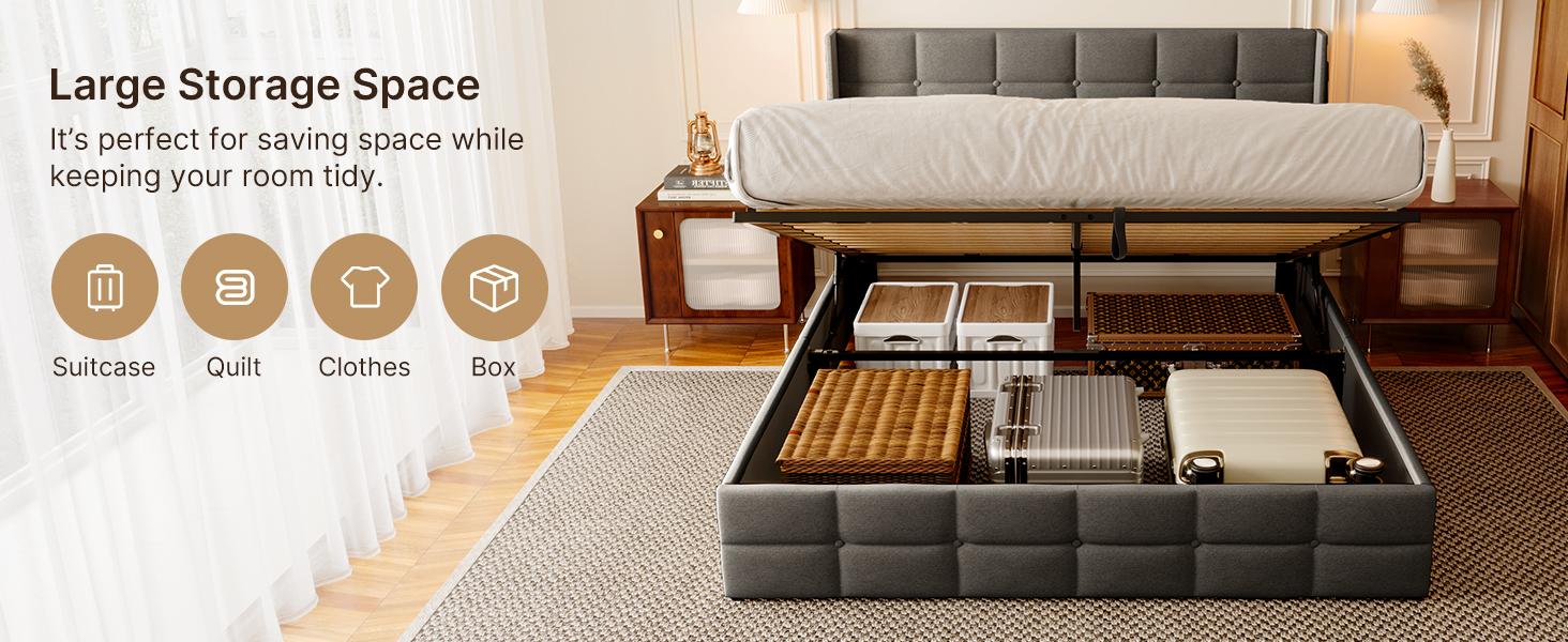 Gizoon Queen Lift Up Storage Bed with Storage, Upholstered Platform Bed Frame with Modern Wingback Headboard, Woodern Slats Support, Hydraulic Support, No Box Spring Needed