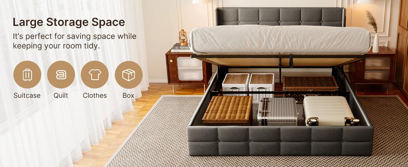 Gizoon Queen Lift Up Storage Bed with Storage, Upholstered Platform Bed Frame with Modern Wingback Headboard, Woodern Slats Support, Hydraulic Support, No Box Spring Needed