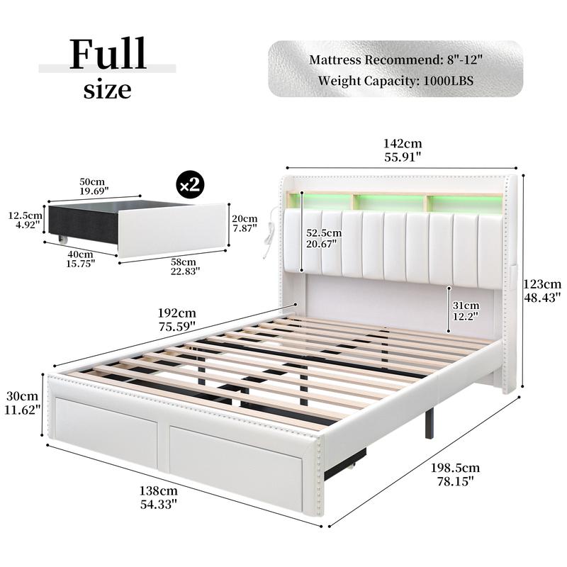SIBEDS Queen LED Bed Frame with Storage Drawers Modern Platform Bed with 2-Tier Linen Upholstered Wingback Headboard Channel Tufted Rivet Detail No Box Spring Needed
