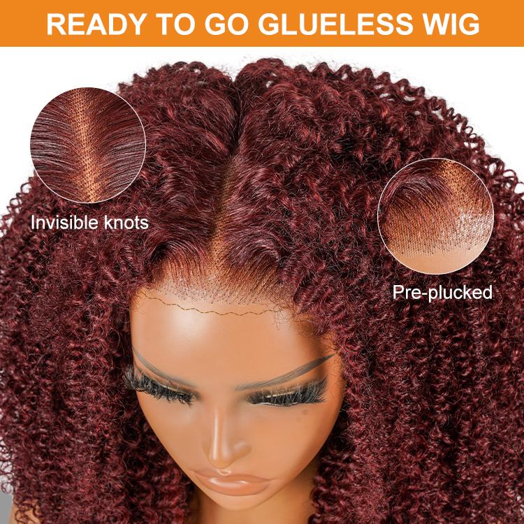 [Clearance Sale] Wiggins Hair Cherry Cola Red Color Glueless Human Hair Wigs Afro Kinky Curly Wig 5x7 Lace Closure Human Hair Pre Cut Pre Plucked Ready to Go Glueless Wigs