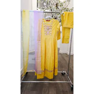 Reyavogue Women's Mango yellow sequin Kurti Set With Pant and 3D Dyed Ombre Dupatta