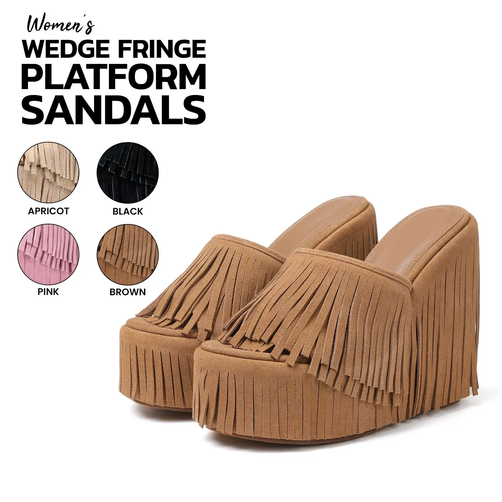 VIMISAOI Womens Wedge Fringe Platform Sandals Open Round Toe Wedge Heel Slip On Boho Cowboy Tassel Slides Vintage Western Comfortable Wedding Festival Walking Fringe Summer Modern Sandals