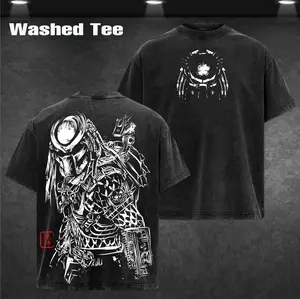 Predator – Alien vs. Predator Vintage T-Shirt Menswear Top Heavy Cotton Underwear Tee Washed Oversize Unisex Sci-Fi Movie Retro Graphic Tee Classic 90s Space Action Film Fans