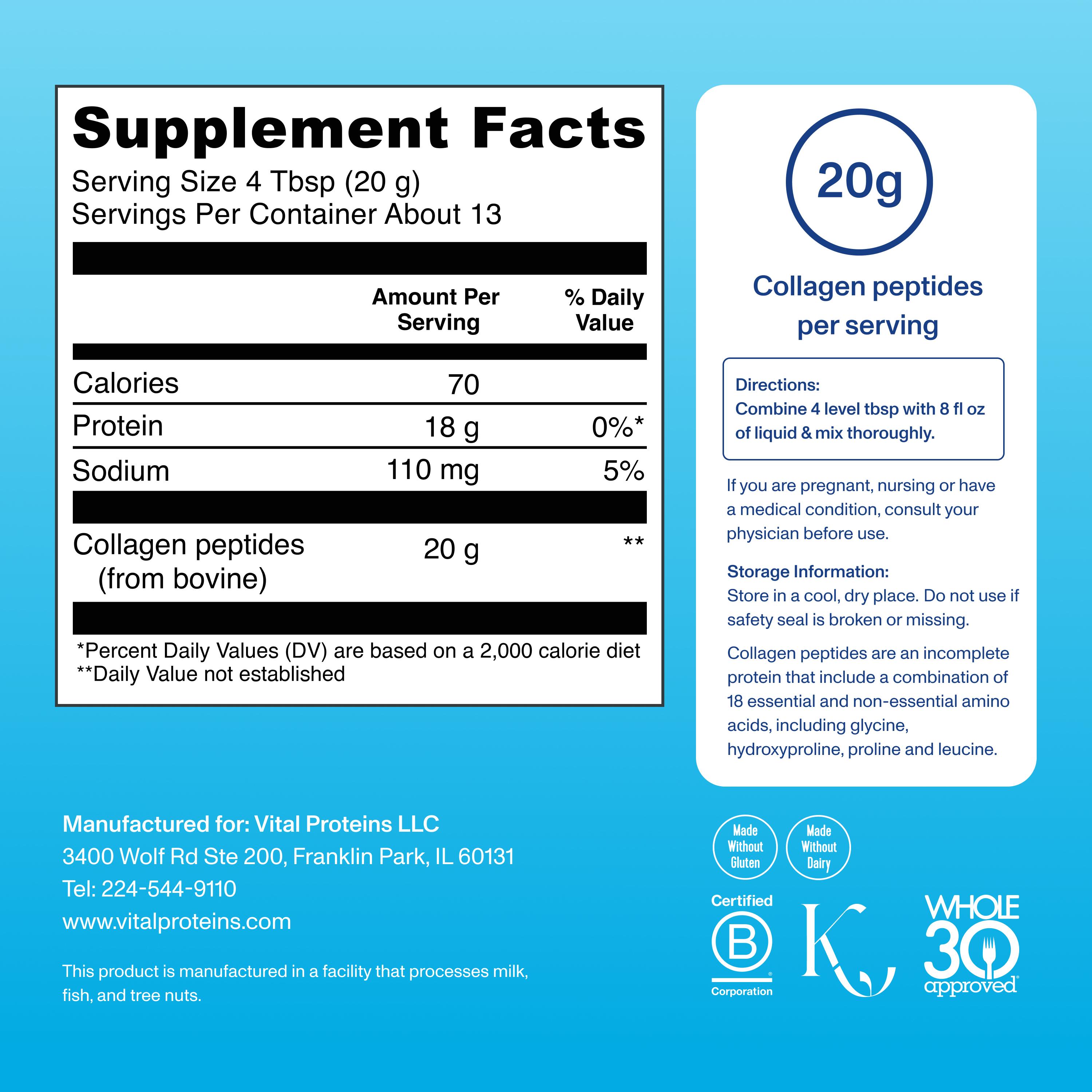 Vital Proteins Collagen Peptides Powder, Promotes Hair, Nail, Skin, Bone and Joint Health, Zero Sugar, Unflavored 10 OZ