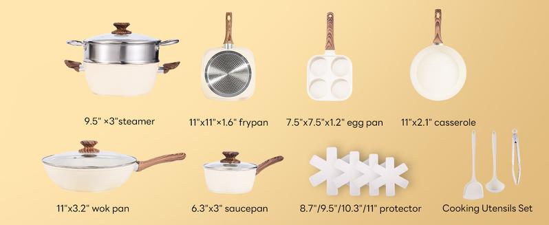 17 Pcs Nonstick Pots and Pans, Non-toxic Kitchen Cooking Set with Stay-Cool Handles