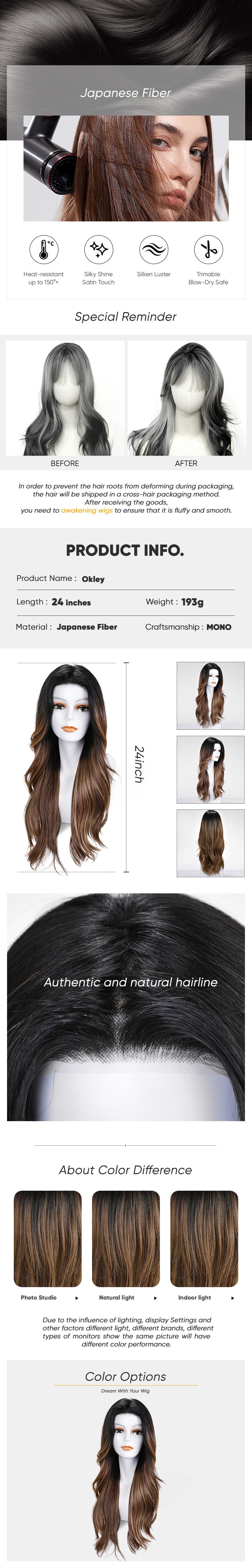 Okley -DWY Mono Lace Front Free Part Long Wavy Rooted Brown with Highlights Glueless Synthetic Wig for Women 24 Inches