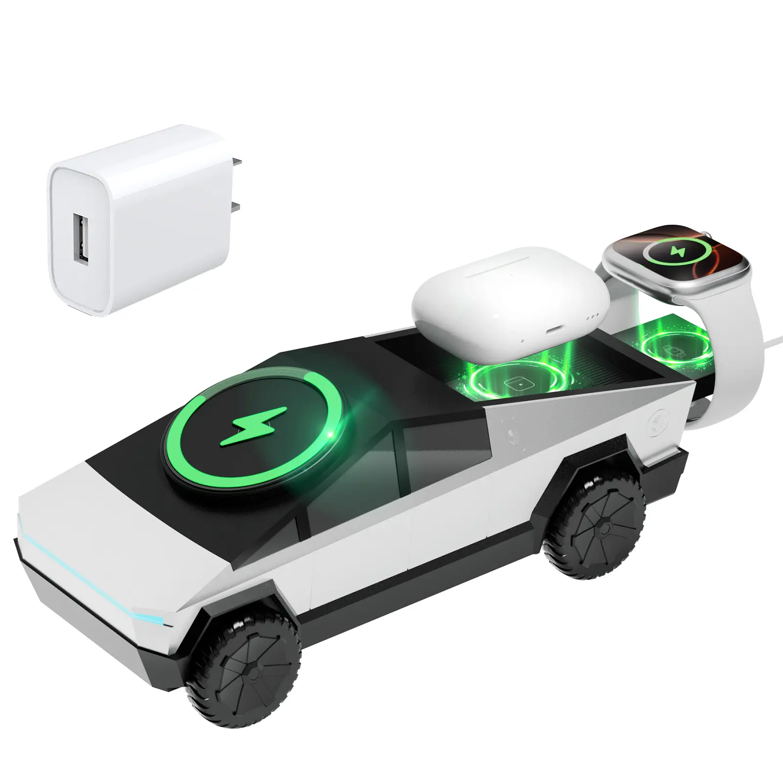 CyberDock 3-In-1 Wireless Charging Station for iPhone with Cybertruck Design 1:25 Scale, Qi2 Certified MagSafe Charger for iPhone/iWatch/AirPods, Rotating Charger with Ambient Light, 30W Adapter Included, Sliver, Suitable for Home, Office & Lounges