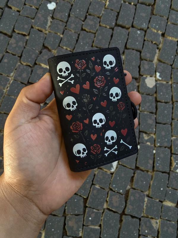Skulls and Roses PU Leather Wallet Gothic Black Bifold with Hearts Skulls & Red Roses Alt Punk Aesthetic Gift for Him/Her RFID Blocking Design
