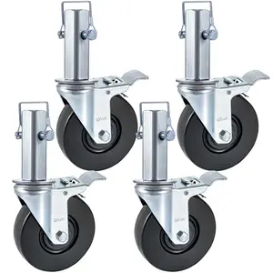 【FathersDayGift】4 Pack 5" Heavy Duty Scaffolding Rubber Swivel Caster With Dual Locking 1.25" Square Stem 440LBS Capacity Per Wheel