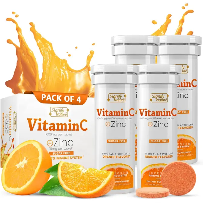 SIGNIFY NATURE Vitamin C 1000mg Effervescent Tablets - Potent Immune Support VIT C with Zinc Supplement - Sugar-Free & Vegan Formula | Dissolvable Vitamin C Tablets - Water Soluble Fizzy Elixir - 40CT