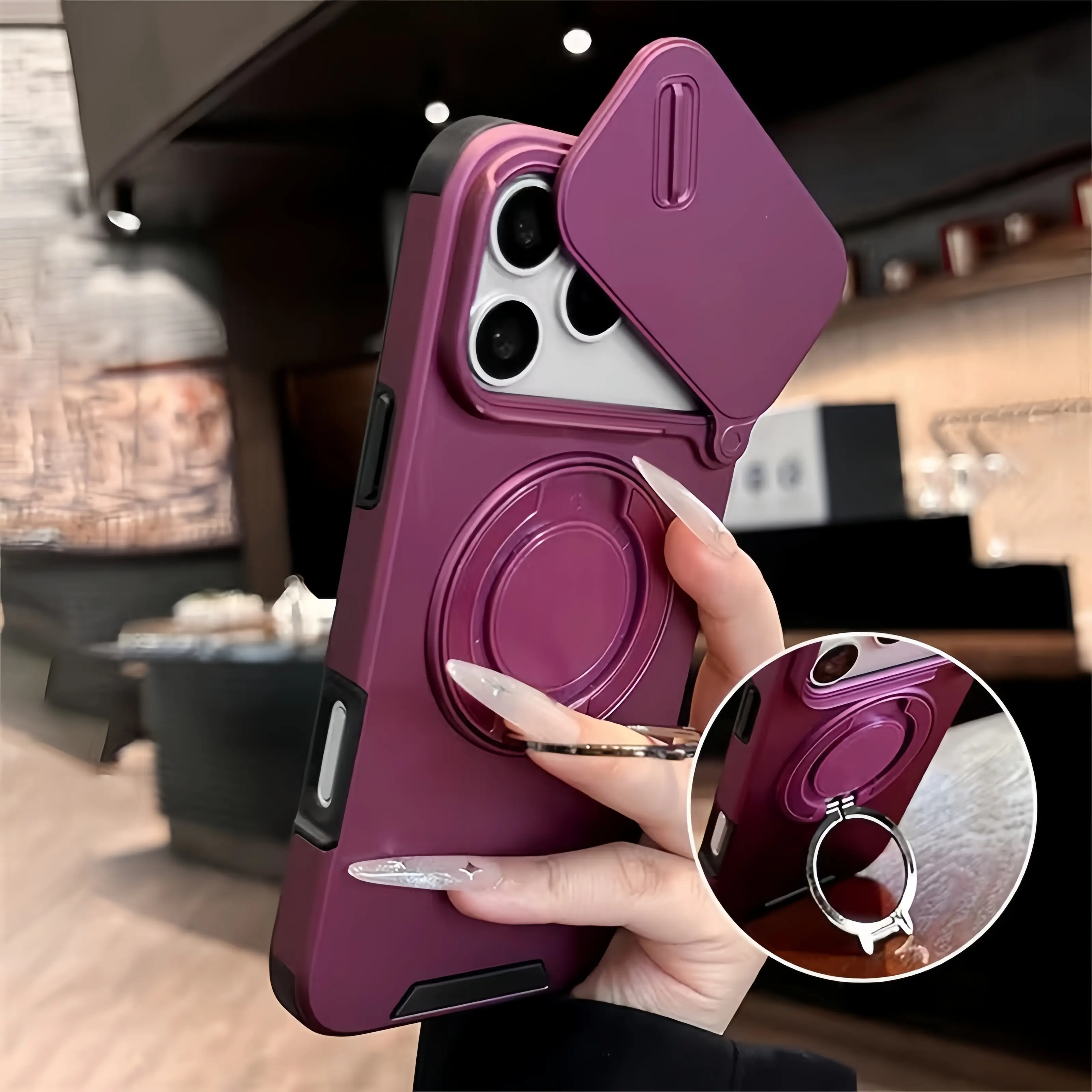 Rugged Case with Sliding Camera Cover for iPhone 18 Pro Max/17 Pro, 16/15/14 Series, Magnetic Ring Stand, Heavy-Duty Shockproof Drop Protection with Reinforced Corners, Wine Red