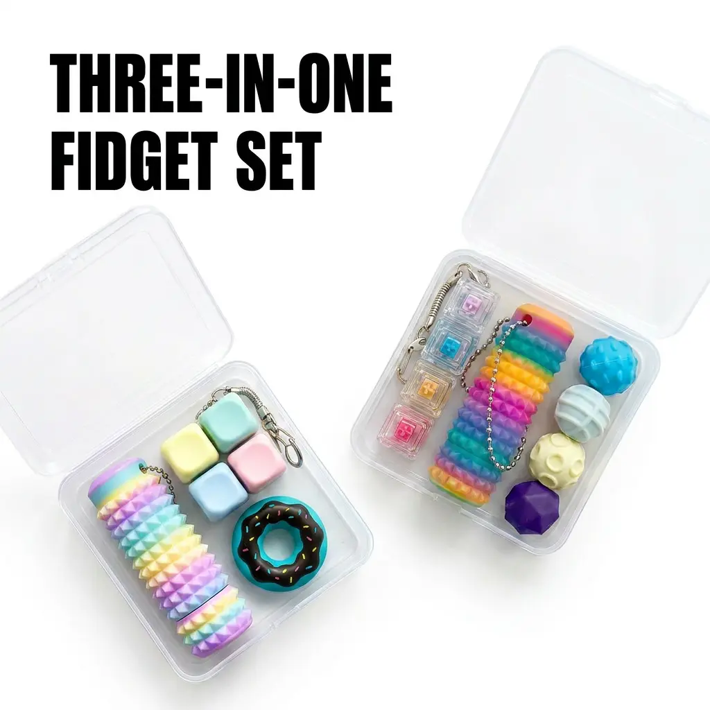 3-in-1 Hand Fidget Anxiety Relief Toy Set - Sensory Calming Tool, Pocket Stress Toys, Pain Stimulators, Magnetic Balls, Keyboard Keychain, Decompression Mini Cool Gifts for Kids (Ages 24 Months+), Decompression Gift