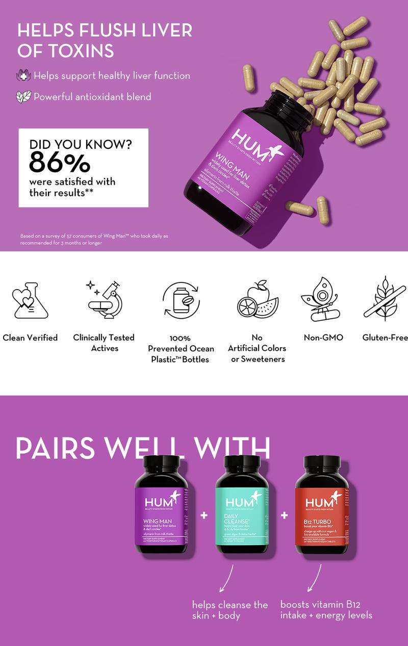 HUM Wing Man - Liver Detox Supplement & Liver Support with Milk Thistle, Dandelion Root Powder & Artichoke Leaf Extract, Helps Rid Liver of Toxins (60 Veggie Caps)