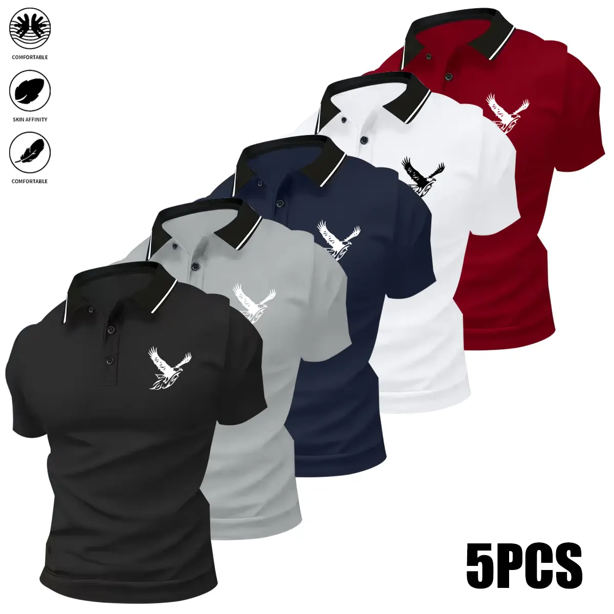 Men’s 5-piece set: collared shirts with ribbed sleeves, casual short-sleeve collared T-shirts—soft and breathable, suitable for work, golf, and travel,summervibes