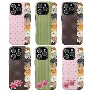 Cute Cat Line-Up Phone Case – Pastel Pink & Chocolate Polka Dots, Floral Lily Aesthetic, Kawaii Kitty Border Phone Cover, Soft Vintage Pattern Case, Cute Gift for Her, Compatible with iPhone 17 16 15 14 13 12 11 Pro Max