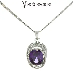 Purple Crystal Oval Pendant Necklace | Sparkly Rhinestone Halo，Amethyst Look Necklace | Dainty Silver Chain for Women