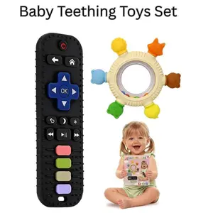 Baby Teething Toys Set, Silicone Teether with Rattle & Remote Control Teether, BPA Free Chew Toys for Babies 0-24 Months, Easter Gift for Baby