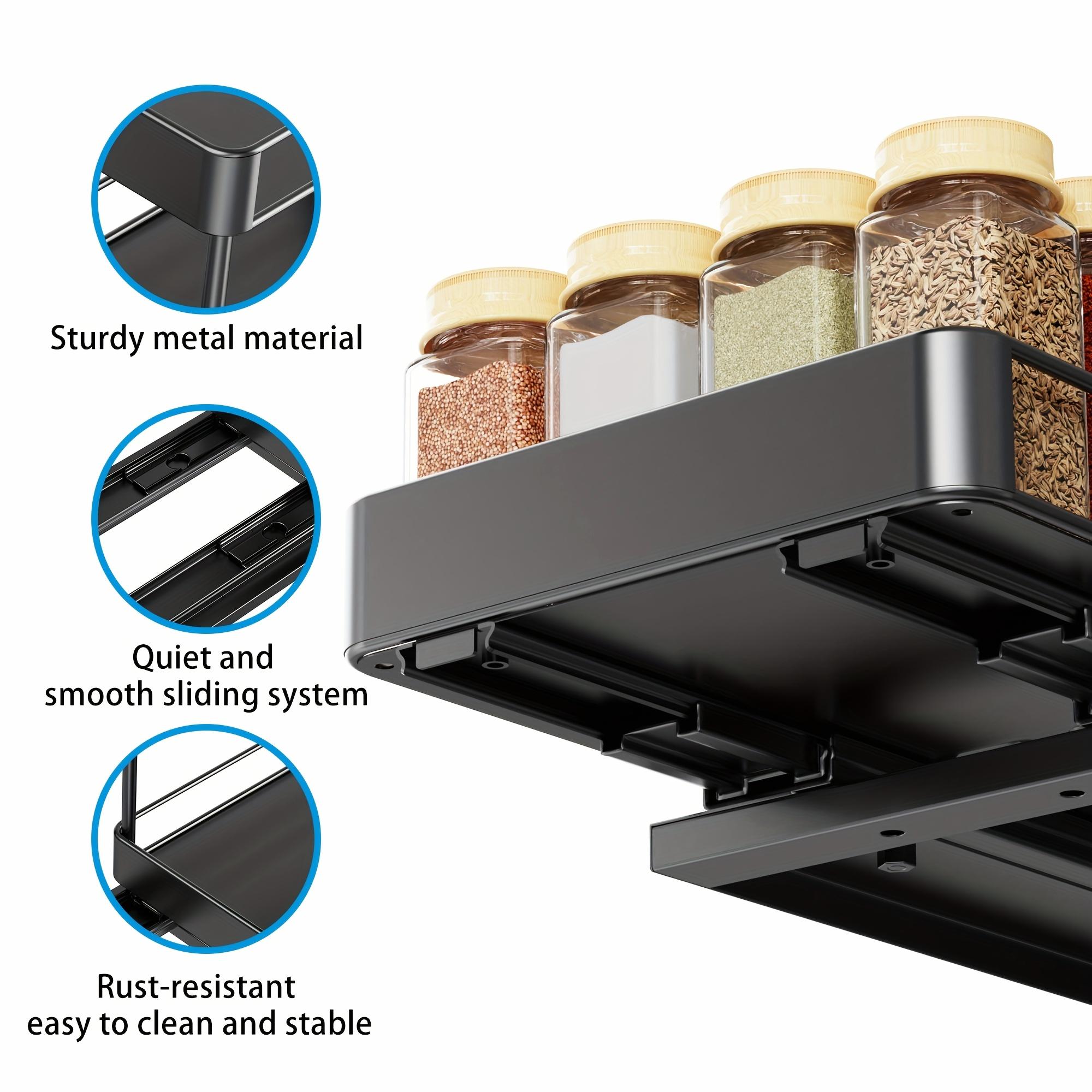 2pcs Cabinet Pull Out Spice Rack, Rust Proof Under Cabinet Spice Bottle Stainless Steel Organizer, Adjustable L Shaped Spice Rack Storage Counter, Double Rail Spice Organizer, Sliding Design, Kitchen Accessories, Space Saving DesignDesign