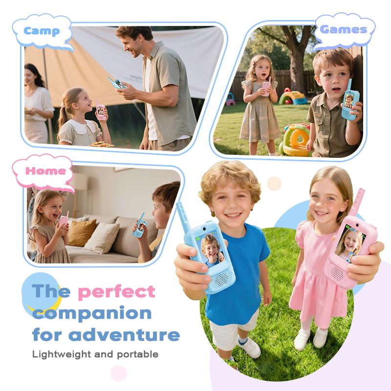 Careenoah Video Walkie Talkies for Kids 2 Pack with Voice Changer 1000 Feet Range Fun Toys for Indoor Play Camping Hiking Travel Birthday for Boys Girls Ages 3-10 Safe Communication Cartoon Character Design
