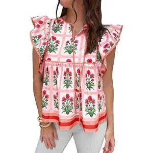 Cicy Bell Womens Floral Peplum Babydoll Tops Ruffle Cap Sleeve V Neck Blouses Summer Casual Boho Flowy Shirts
