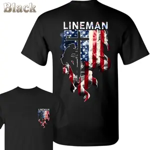 Lineman T-Shirt - American Flag Cross And Utility Worker Climbing Pole Graphic , Patriotic Lineman Pride Design Print , Electrical Lineworker Theme , Workwear Crew Outfit , Soft Cotton Tee , Gift For Linemen