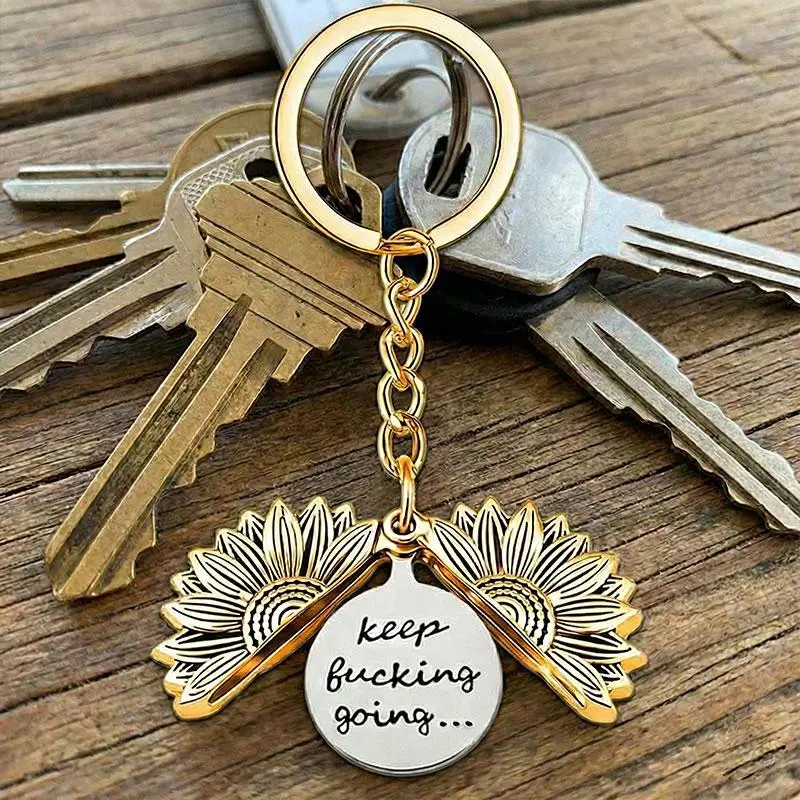 Retro Sunflower Pendant Keep Going Keychain - DIY Engraved Slogan Key Ring, Personalized Metal Accessory Gift with Optimistic, Hope, Uplifting, Growth, Resilience Vibes for Men & Women, Optimistic Keychain, Hope Keychain