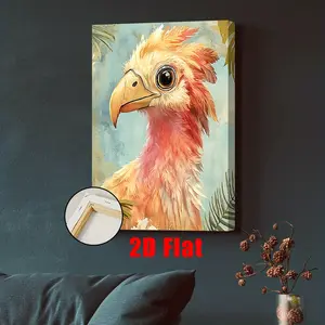 2D Flat, 1pc Pink Bird Framed Wall Art - Modern Pink & Ostrich-like Bird, Large-Eyed Pink Feathers Canvas Print with Inner Frame, Horizontal Hanging Decor for Living Room,, Birthday/Christmas Gift, Pink & Bird Poster, 2D Flat	