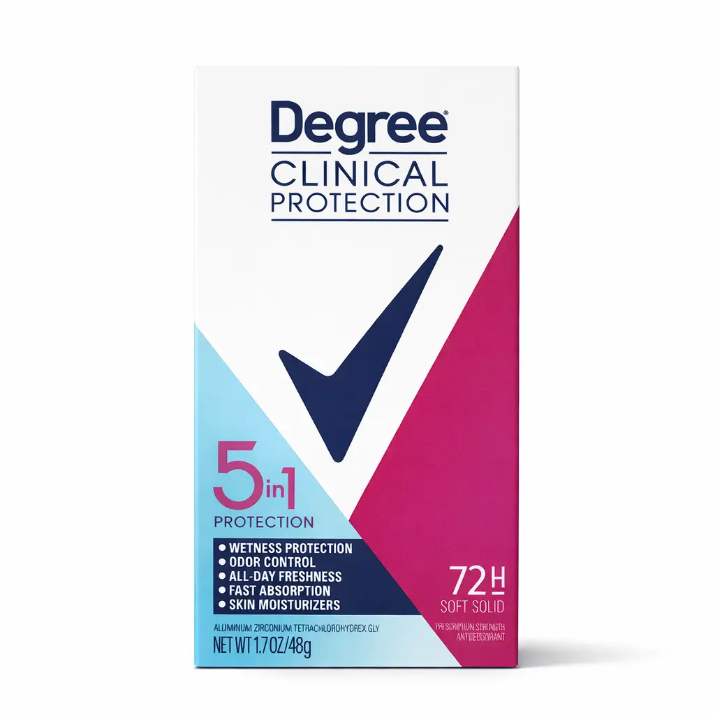 Degree Clinical Protection 72H Antiperspirant Deodorant Soft Solid 5 in 1 Protection Long Lasting 1.7 oz/48g Deo Stick Cosmetic